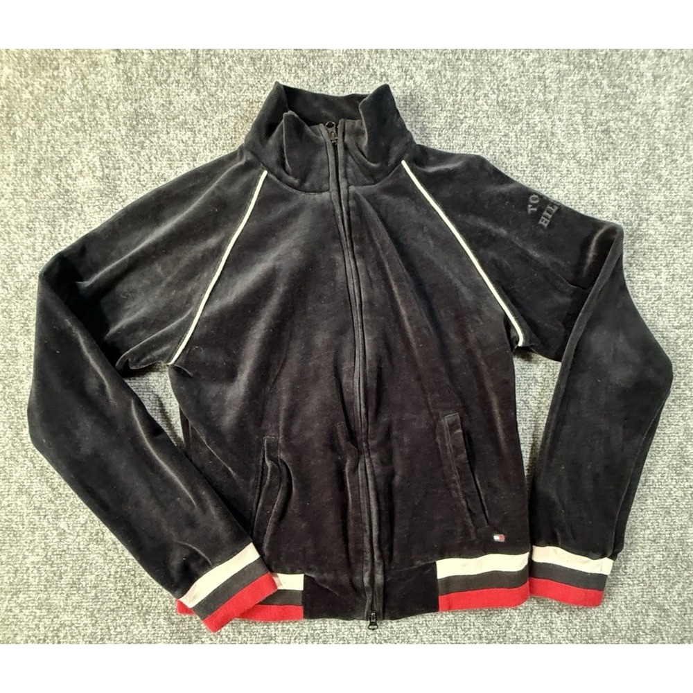 Tommy Hilfiger Jacket Womens M Black Velour Full Zip Collared Embroidered‎ Logo